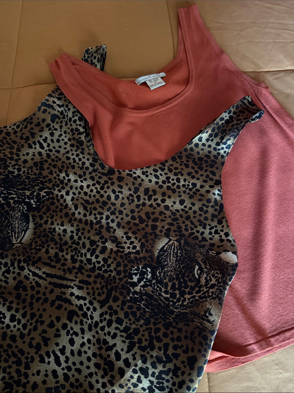 Moa Moa Coral Tank Top With Leopard Print Overlay